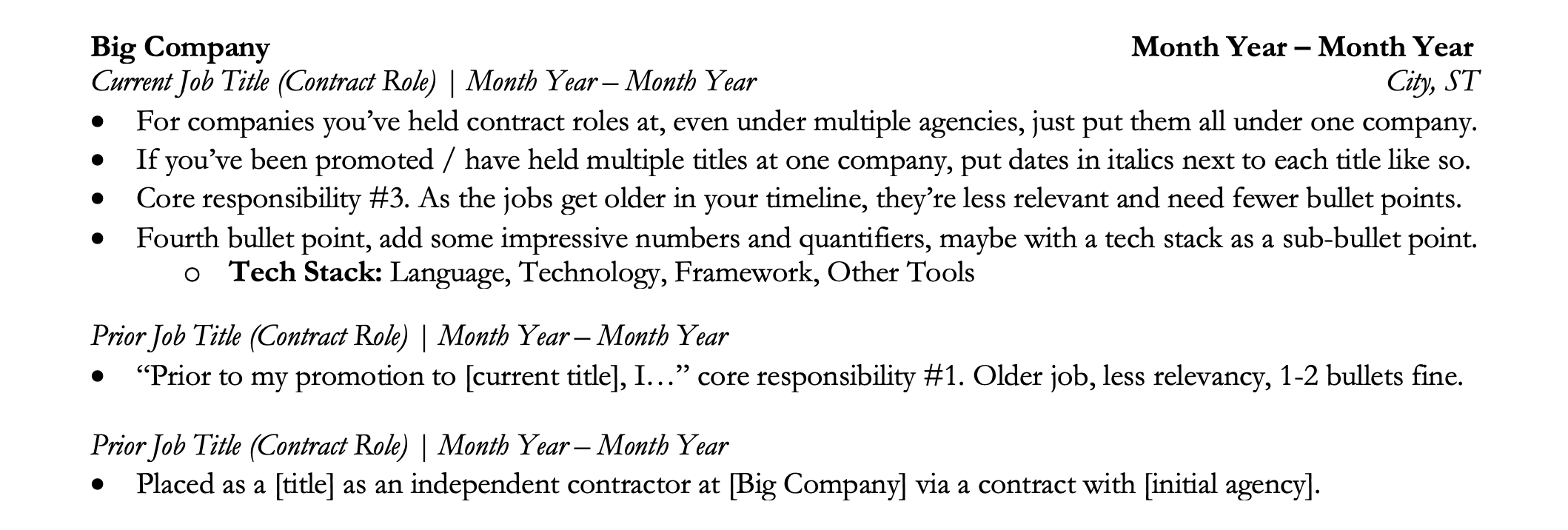 contract roles on resume