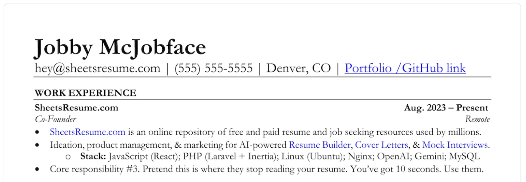 portfolio link placement on resume header