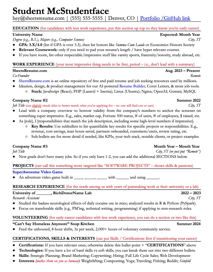 Sheets Student Resume Template